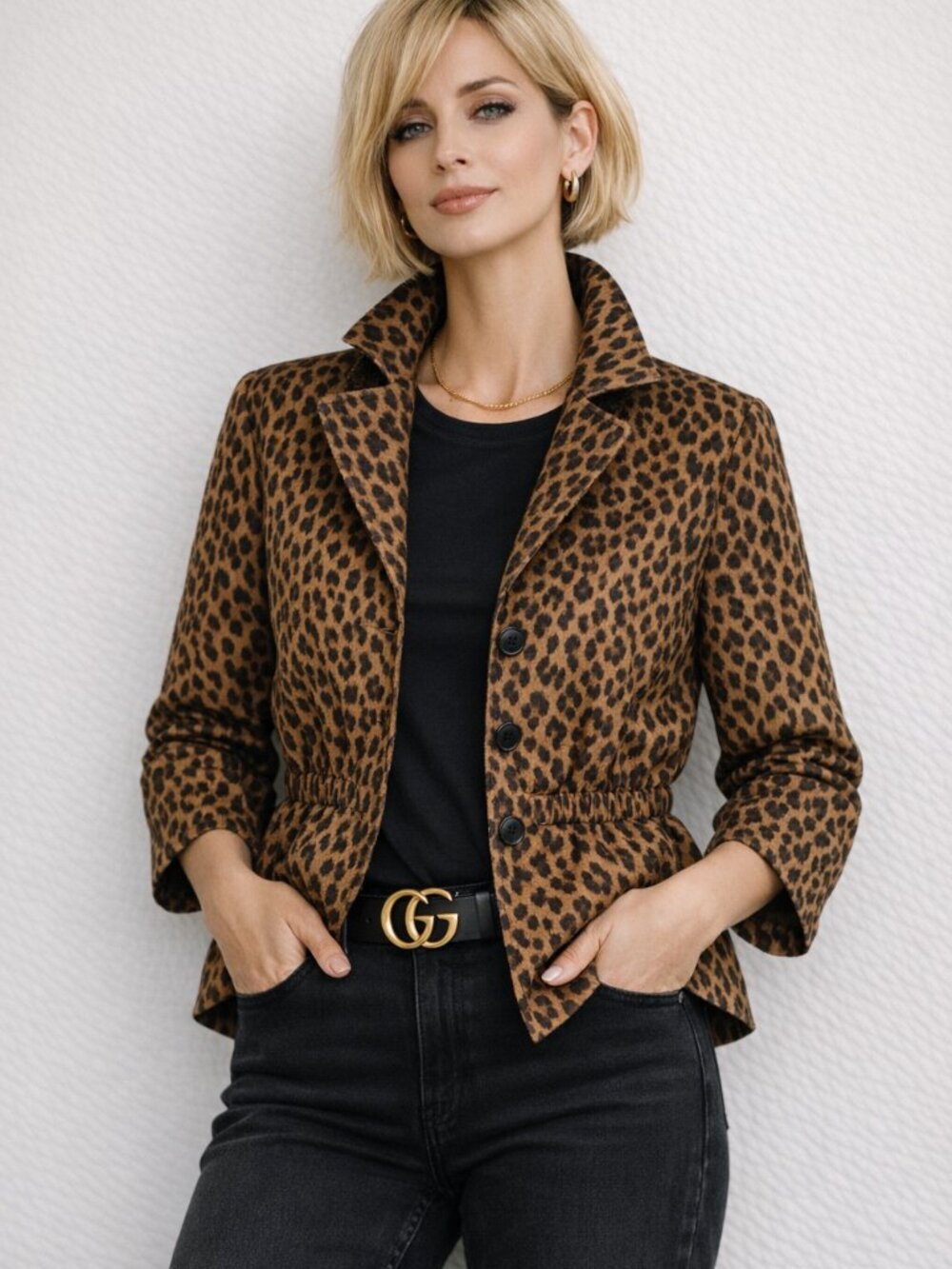 Leopard Print Women's Blazer Jacket - Brown/Black